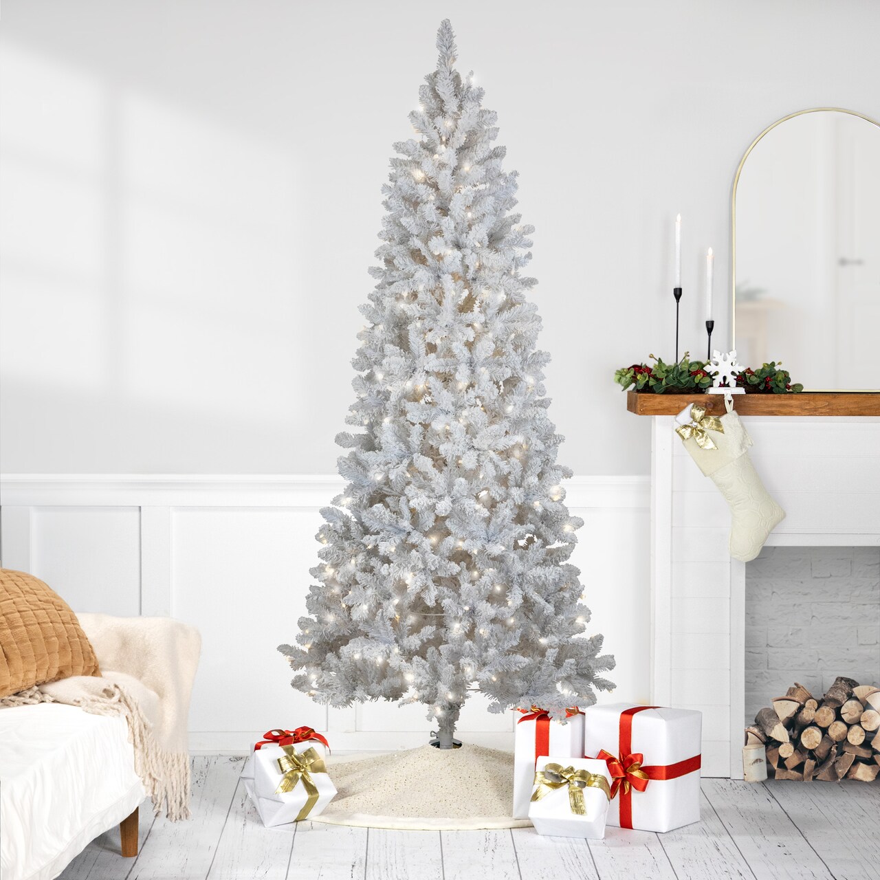 Northlight Pre-Lit Slim Flocked White Pine Artificial Christmas Tree - 7.5' - Warm White LED Lights